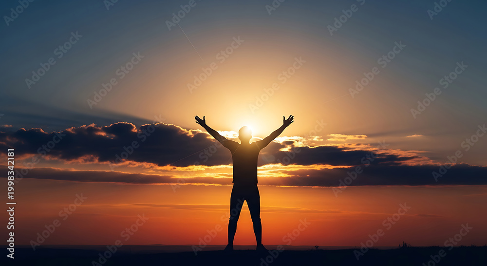 Fototapeta premium Man standing with arms raised during a beautiful sunset