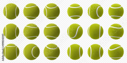 Collection of vibrant green tennis balls in various angles on a transparent background, perfect for sports and recreation designs.