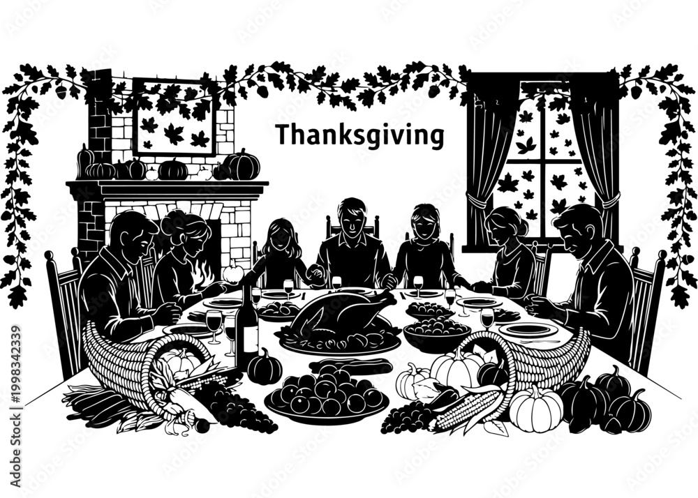 Naklejka premium Thanksgiving family dinner celebration silhouette with roasted turkey and pumpkin vector illustration for autumn holiday party invitation and harvest season gathering graphic design project.
