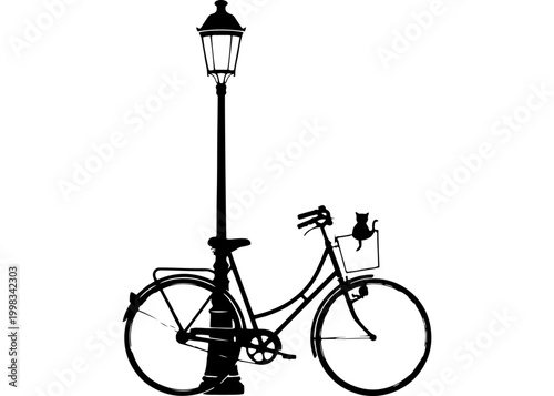 Vintage bicycle with basket and cat leaning against a street lamp silhouette vector illustration for city lifestyle poster and romantic urban scenery graphic design isolated on white background.