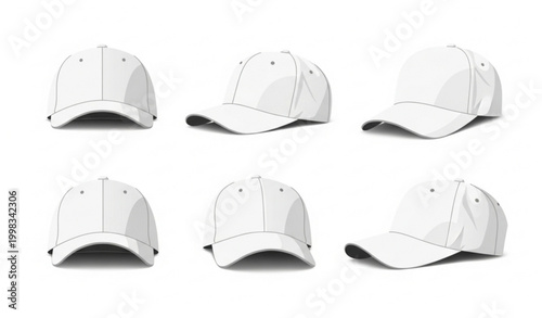 Realistic white baseball cap mockup vector set with multiple view angles blank sports hat template