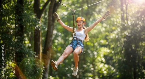 Happy summer day thrilling zipline adventure in a lush green forest