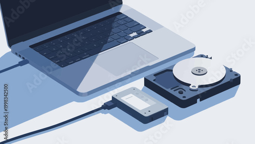 Opened hard disk drive next to a laptop keyboard on blue background flat vector illustration