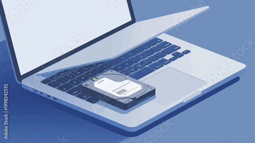 Opened hard disk drive next to a laptop keyboard on blue background flat vector illustration
