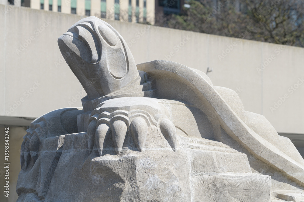 Fototapeta premium close-up of turtle sculpture created by Anishinaabe artist Solomon King at Spirit Garden, City Hall, Nathan Phillips Square, Toronto