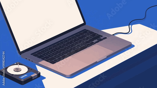 Opened hard disk drive next to a laptop keyboard on blue background flat vector illustration