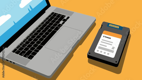 Opened hard disk drive next to a laptop keyboard on blue background flat vector illustration