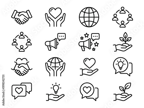 Set of 16 Corporate Social Responsibility (CSR) and Community Line Icons. Includes Charity, Environment, Handshake, Globe, and Growth Symbols for Social Impact Branding.