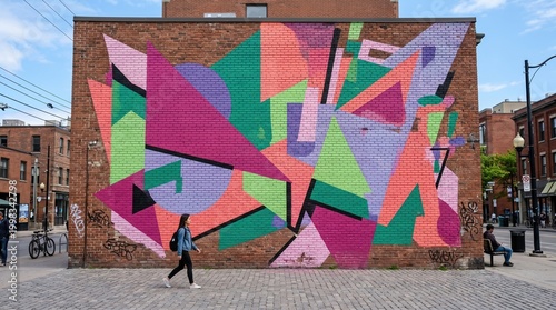 Vibrant geometric mural on brick wall in urban setting with people walking by, colorful abstract street art in cityscape, lively and dynamic atmosphere.
