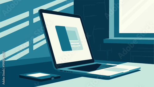 Opened hard disk drive next to a laptop keyboard on blue background flat vector illustration