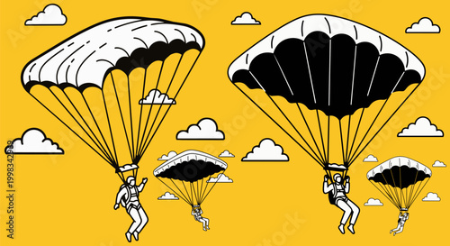 Parachuting, skydiving, adventure sports, extreme activities, vector illustrations
