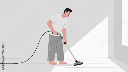 Man using a vacuum cleaner to clean the floor flat vector illustration
