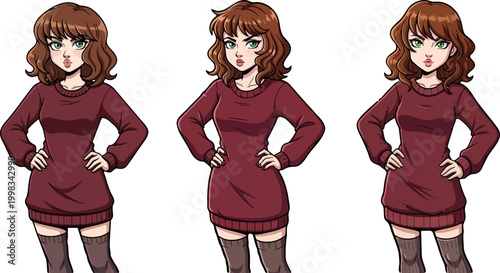 Cartoon women, anime characters, red dress, brown hair, vector illustrations, girl power, confident poses