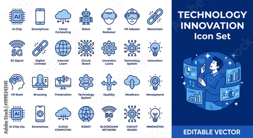 Mega Pack Icon Set Vector Technology innovation and future industry, artificial intelligence and digital transformation flat line illustrations