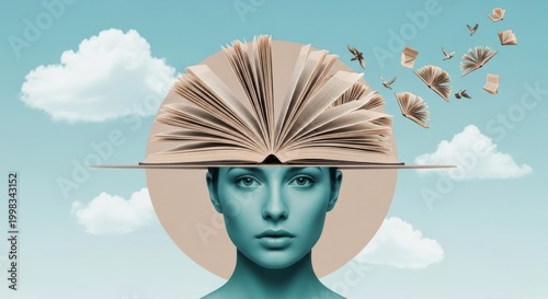 Surreal portrait shows a woman with an open book as a hat and pages transforming into birds.