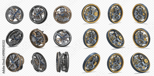 Set of vintage clockwork mechanisms with intricate gears and cogs, isolated on a transparent background, showcasing steampunk design elements.