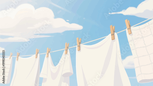 White clothes hanging on a clothesline in the meadow under blue sky