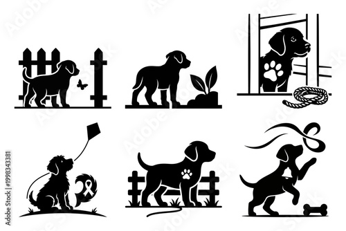 Garden dog silhouette icons with yard and plant scenes