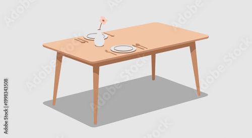 Elegant Dining Table Setting with Plates, Cutlery and a Small Vase