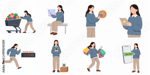 Modern Shopping Experience Set with Woman Using E-commerce Apps, Digital Payments, and Carrying Gift Bags