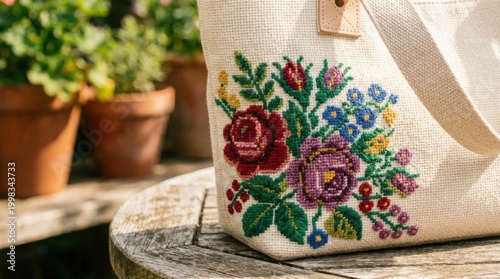 Embroidered floral tote bag on a wooden table with potted plants.