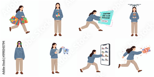 Online Shopping Character Set: Young Woman Using Mobile App, Drone Delivery, One-Click Purchase, and Virtual Reality for E-commerce Concepts