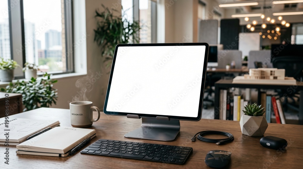 Fototapeta premium Tablet Mockup with Blank Screen in Office Workspace