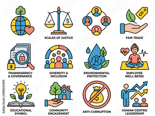 ESG and CSR Corporate Social Responsibility Vector Icon Set for Business Ethics and Sustainability