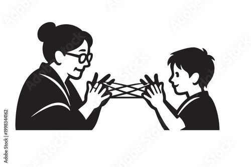 Grandmother teaching child knitting or sewing, silhouette