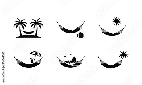 Hammock vector silhouette illustration set. relax and vacation line art icons on white.
