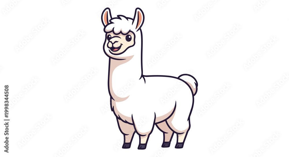 Fototapeta premium Cute White Alpaca Vector Illustration - Friendly Smiling Llama Character Design Isolated on White