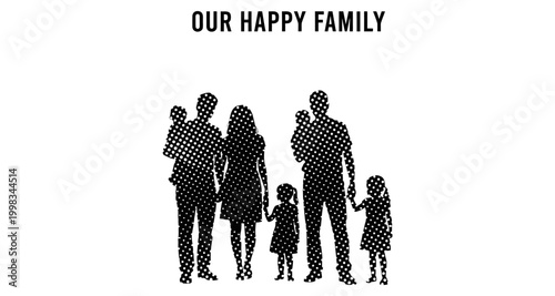 Family Silhouette with Children in Halftone Pattern on White Background