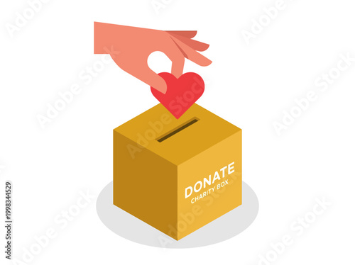 Isometric vector illustration of a hand placing a heart into a charity donation box, symbolizing altruism, volunteering, and community support concepts.