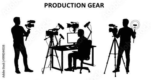 Filmmaking setup and creators with professional cameras and lighting in silhouette style