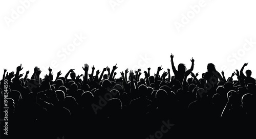 Enthusiastic silhouetted crowd with hands raised in celebration at an exciting concert or event.