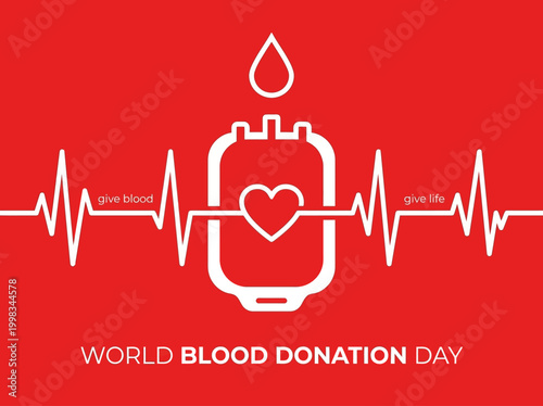 World Blood Donation Day Graphic with Blood Bag, Heart, and Heartbeat EKG Line on Red Background - Give Blood Give Life Concept
