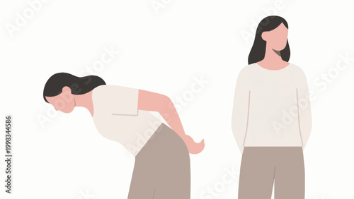 Woman with bad posture suffering from back pain flat vector illustration