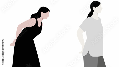 Woman with bad posture suffering from back pain flat vector illustration