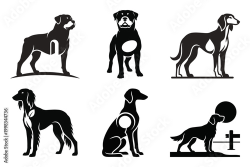 Dog breed silhouette icon set with classic pet poses