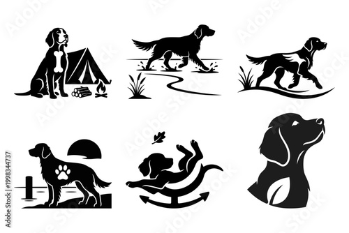 Dog camping silhouette icon set with outdoor pet adventures