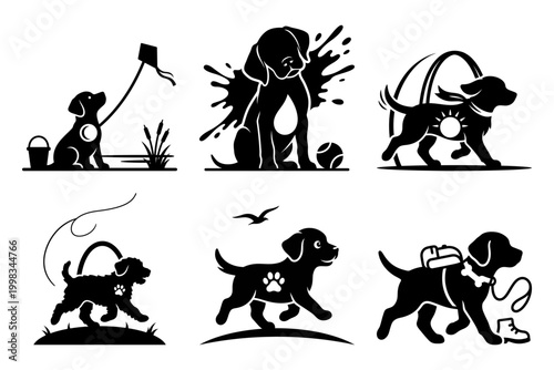 Dog silhouette icon set with rain walk and garden moments