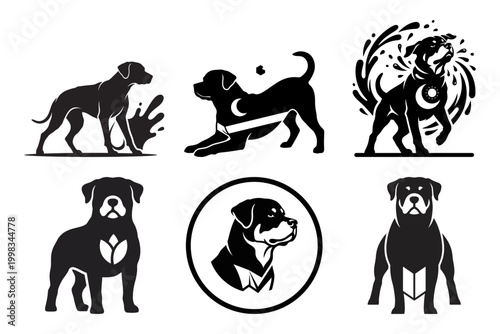 Dog silhouette icon set with grooming portrait and companion pets