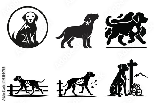 Dog silhouette icon set with portrait guard and tribute scenes