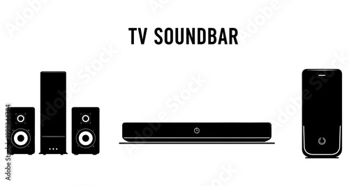 Home entertainment sound system with soundbar and speakers in silhouette against white