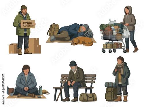 Diverse Homeless People Character Set Illustrations, Social Awareness Graphics Featuring Individuals Facing Poverty and Housing Insecurity