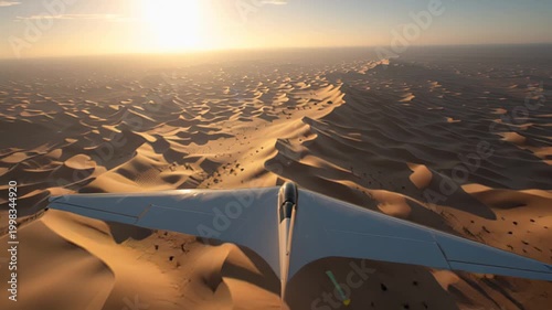 Cinematic aerial footage from behind a light aircraft cruising above vast desert dunes in warm sunset light, showing rippled sand patterns and long shadows