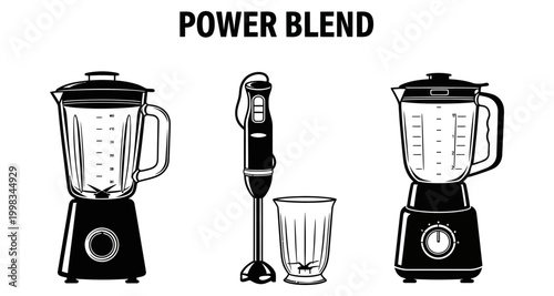 Kitchen appliance collection with blender and immersion mixer for smoothie preparation Vector Silhouette