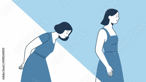 Woman with bad posture suffering from back pain flat vector illustration