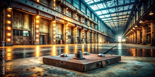An aged industrial control panel rests on a worn metallic surface within a vast, dimly lit factory, its aged structure hinting at years of tireless service in a bygone era of manufacturing