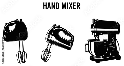 Kitchen appliance hand mixers and stand mixer in silhouette against white background